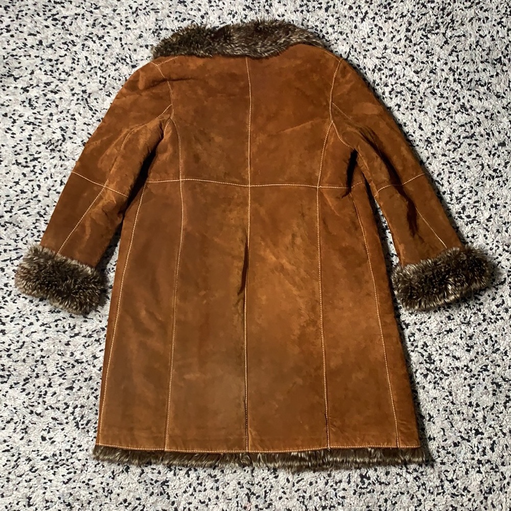 Marvin Richards Vintage Brown Leather Lined Fur Trim Long Coat XL - Picture 12 of 13
